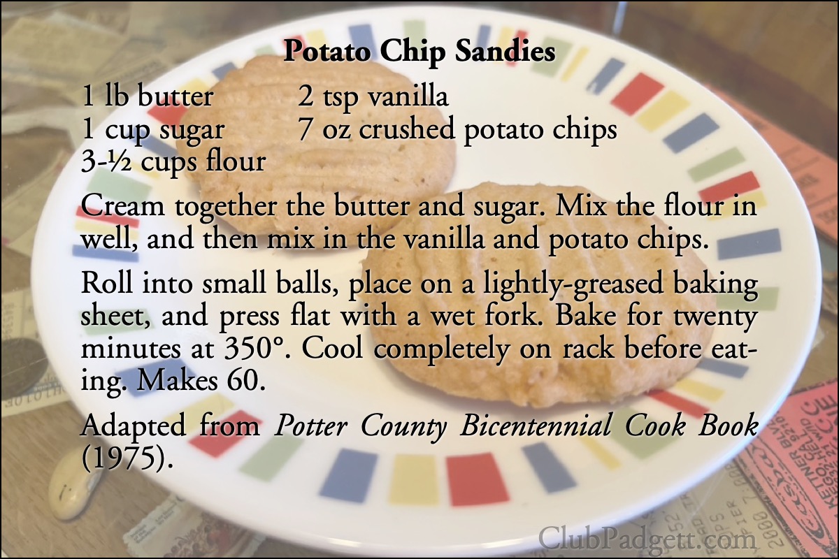 Potato Chip Sandies: Lily Ward’s Potato Chip Cookies, from the 1975 Potter County Bicentennial Cook Book.; seventies; 1970s; potato chips; cookies; recipe; America’s Bicentennial; Potter County, Texas