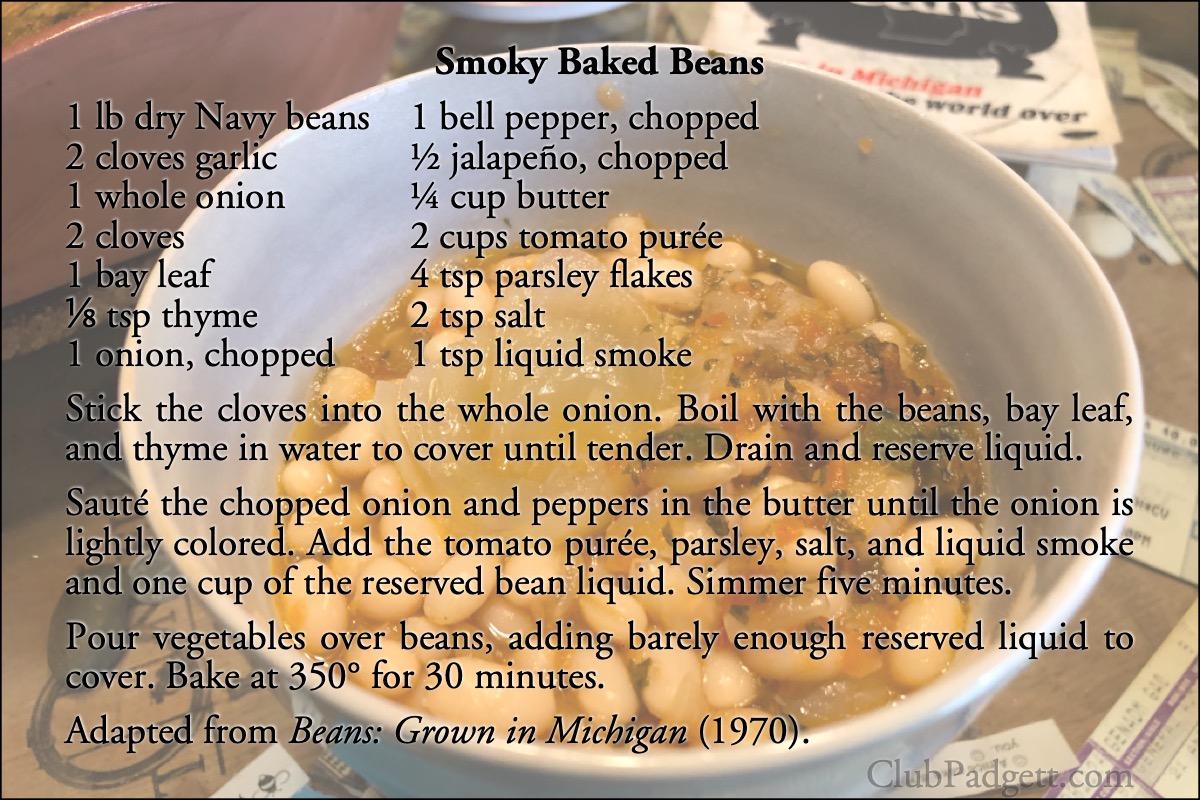 Smoky Baked Beans: Smoky beans from the circa 1970 Beans: Grown in Michigan—Enjoyed the World Over.; seventies; 1970s; Michigan; recipe; navy beans