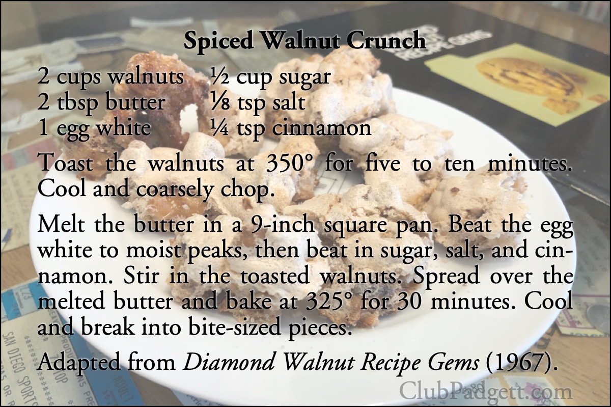 Spiced Walnut Crunch: Spiced walnuts in meringue, from the 1967 Diamond Walnut Recipe Gems.; sixties; 1960s; sweets; walnuts; recipe; Diamond Walnuts