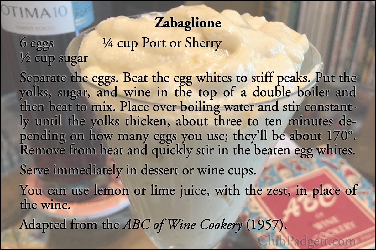 Zabaglione: Zabaglione from the 1957 ABC of Wine Cookery.; wine; eggs; fifties; 1950s; recipe