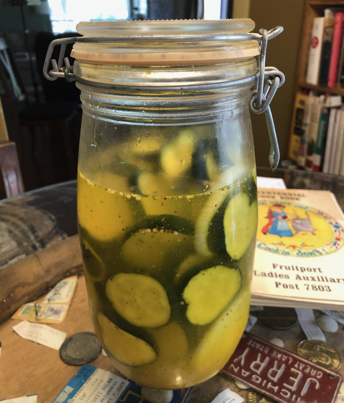 Fruitport Pickles: One gallon (sweet) pickles from the 1976 Fruitport Bicentennial Cookbook.; pickles