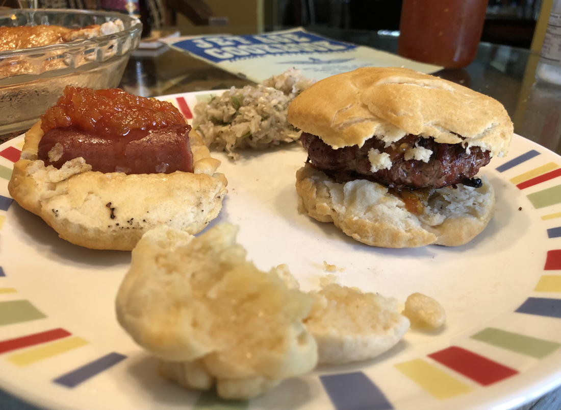 Dogs and burgers with tomato relish