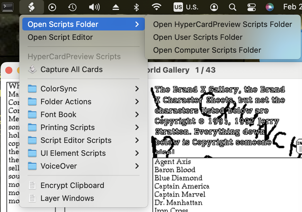 HyperCardPreview script menu: The script menu for HyperCardPreview, when script menu is enabled in Script Editor.; AppleScript; HyperCard