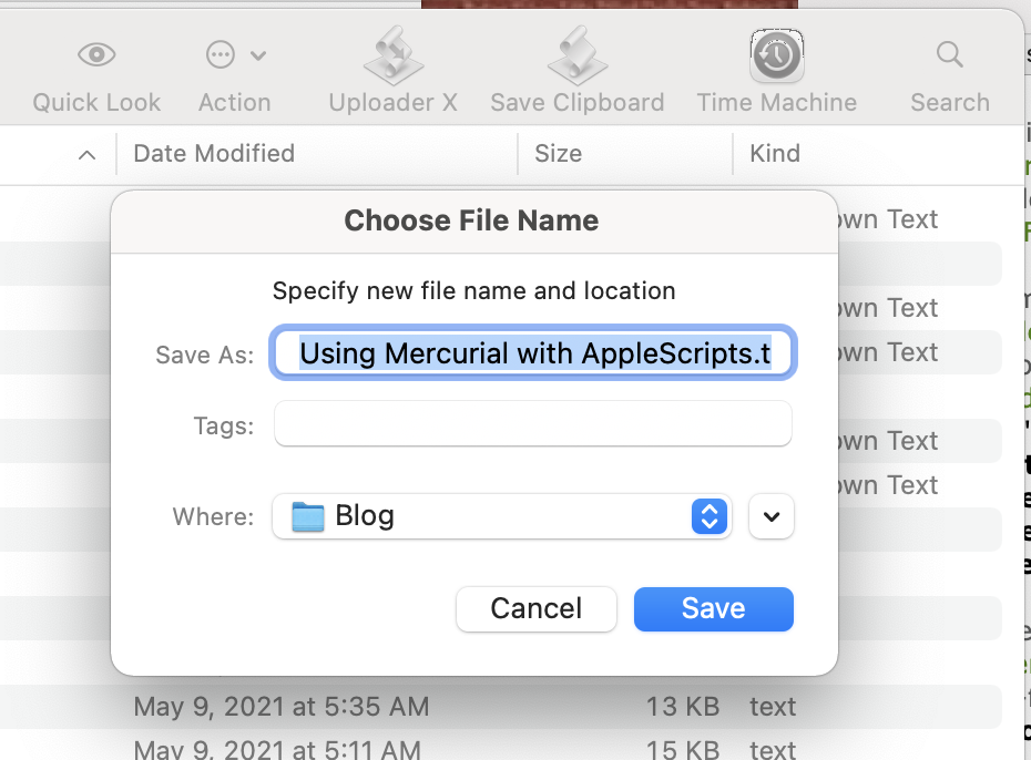 Save clipboard text: Example of saving clipboard text to the Finder’s currently-displayed folder, with the default filename taken from the first paragraph.; AppleScript; clipboard; pasteboard