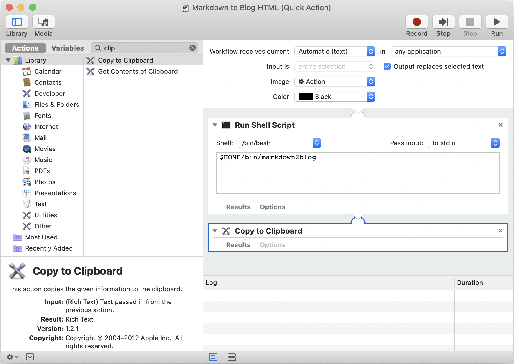 Automator Copy to Clipboard example: Use Copy to Clipboard in conjunction with “Output replaces selected text” to work around Safari’s Services bug.; Safari; Automator; Services, Quick Actions