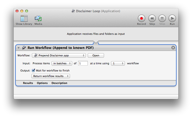 Disclaimer Loop workflow: Take dropped files one at a time and run a workflow as if those files had been dropped on the second workflow.; Automator; Services, Quick Actions; loops
