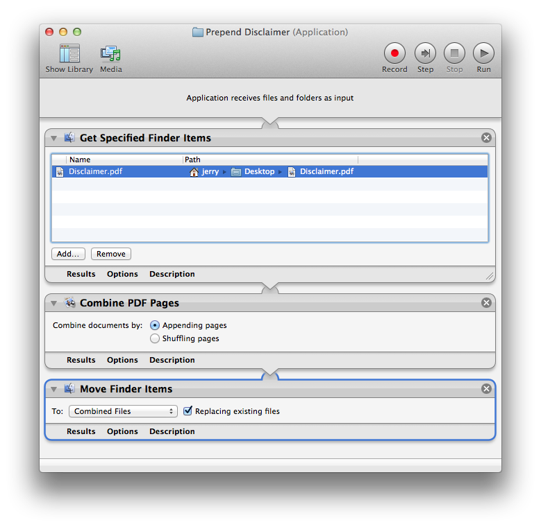 Prepend Disclaimer workflow: Prepend a PDF file to any PDF dropped onto this Automator workflow application.; PDF; Automator; Services, Quick Actions