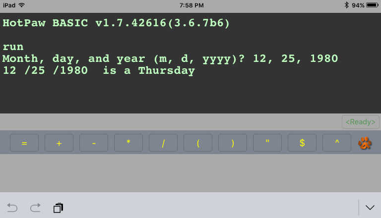 Day of the week in HotPaw BASIC: Day of the week from the date, using BASIC.; HotPaw BASIC