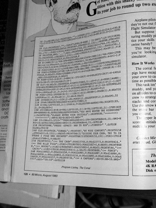 Muddy Pig Simulator: Muddy Pig Simulator on Learning to program without BASIC; TRS-80; 80 microcomputing; 80-Micro