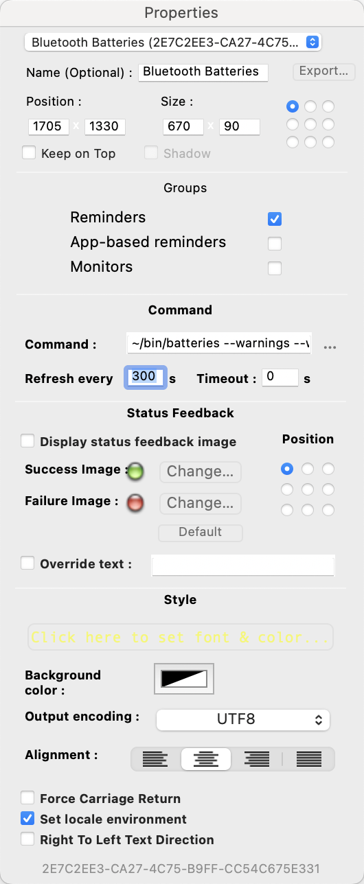 Batteries script setup in GeekTool: Sample setup of the batteries warning script in GeekTool.; GeekTool; batteries