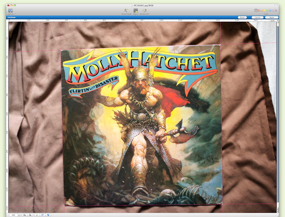 Skewing With Disaster: GraphicConverter’s Unskew feature makes it easy to square up album covers.; GraphicConverter