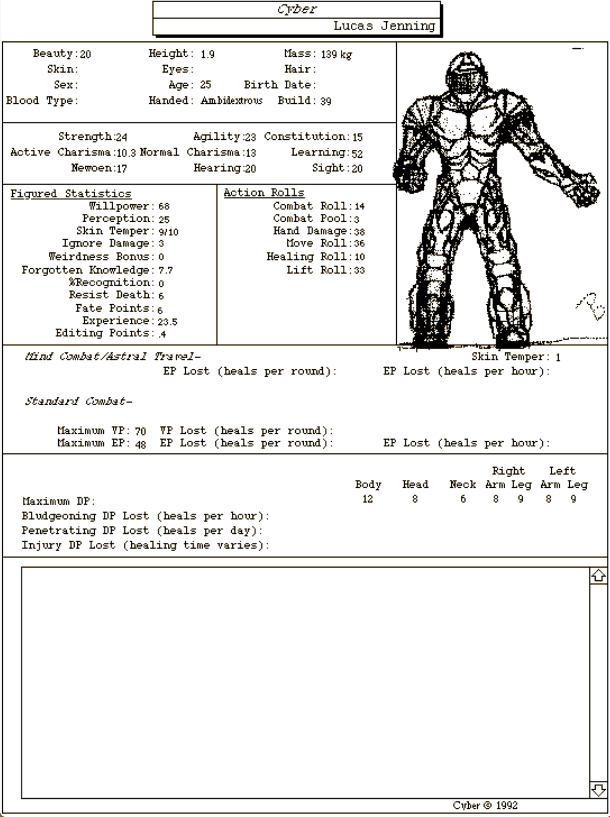 Cyber Men & Supermen character sheet: Character sheet for the player character hero “Cyber” in Men & Supermen, from an old HyperCard Stack.; Men & Supermen; HyperCard