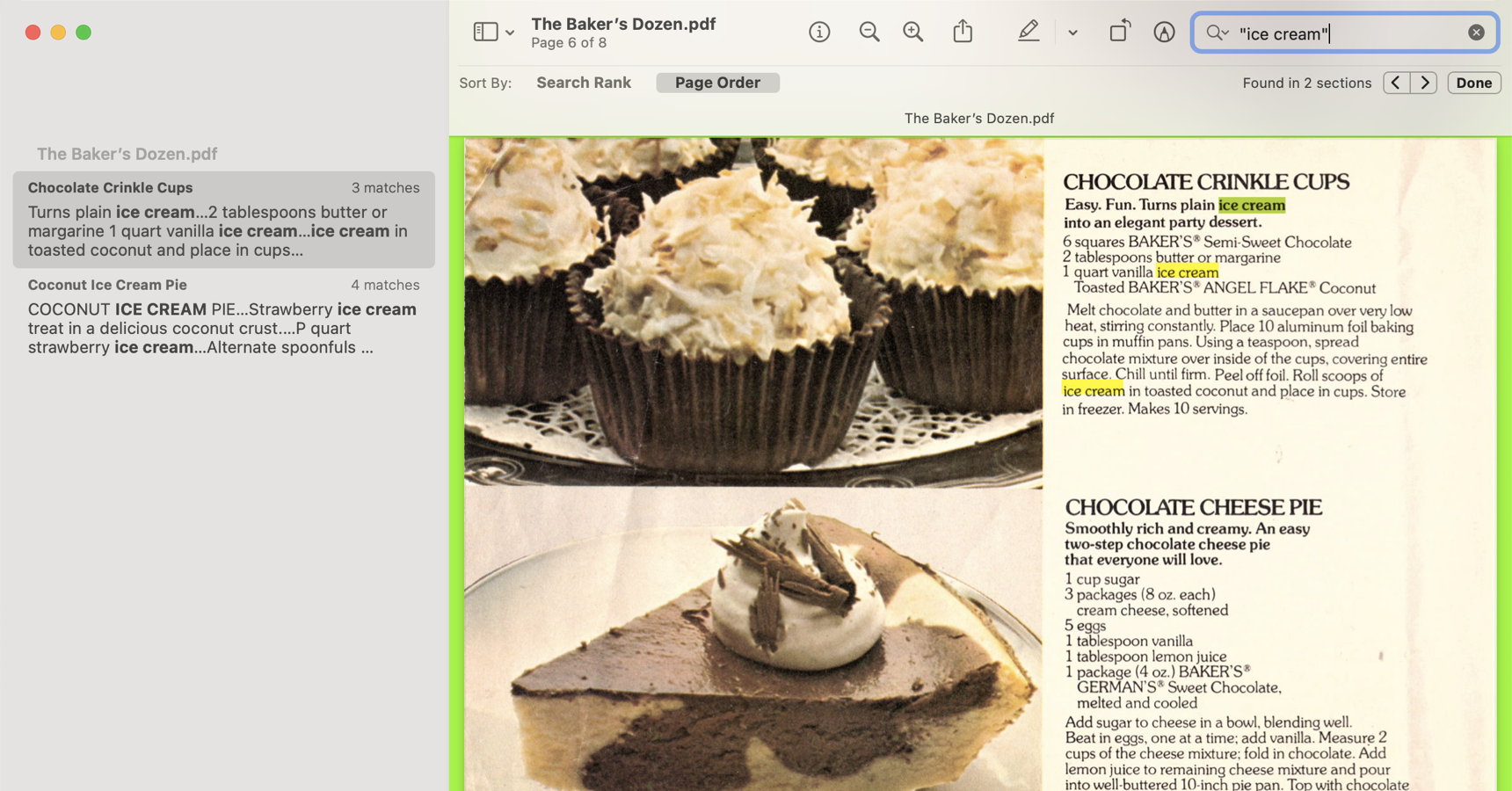 Searching for ice cream in a PDF: Example of searching a PDF created by the searchablePDF script.; cookbooks; PDF; VisionKit