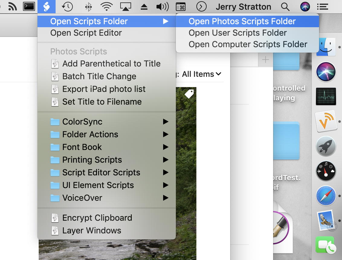 Photos script menu: While in Photos, the Photos scripts folder can be opened under the Scripts menu in the menu bar.; AppleScript; Photos