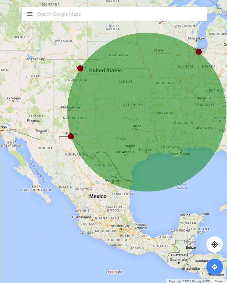 Circle from Chicago, Denver, and El Paso: Pythonista constructs a circle that has Chicago, Denver, and El Paso on its borders.; maps; geometry