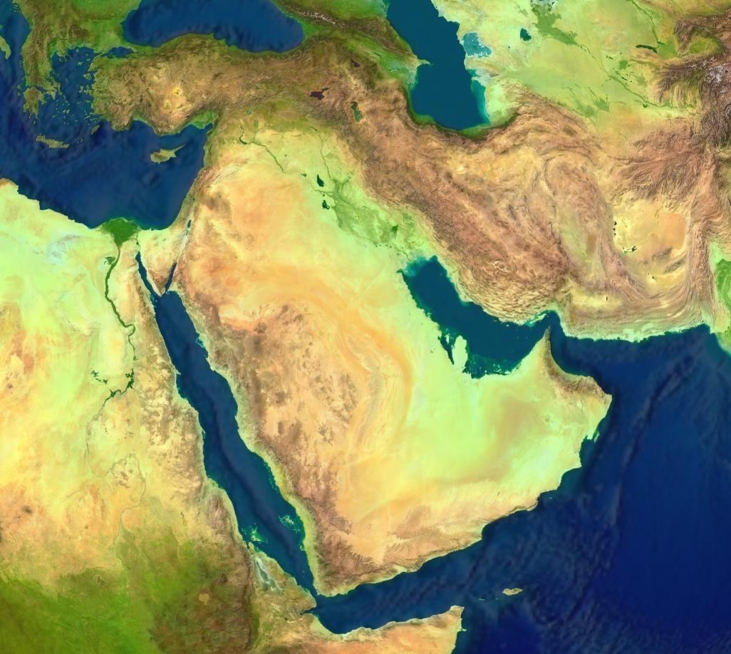 Geographic map of the Middle East: “Screenshot from NASA’s globe software World Wind using a public domain layer.”; Middle East; map