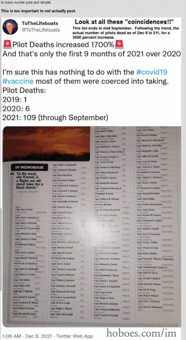 Pilot Deaths increased 1700% in 2021: “And that’s only the first 9 months of 2021 over 2020. I’m sure this has nothing to do with the #covid19 #vaccine most of them were coerced into taking.”; vaccines; cargo cult science; pilots