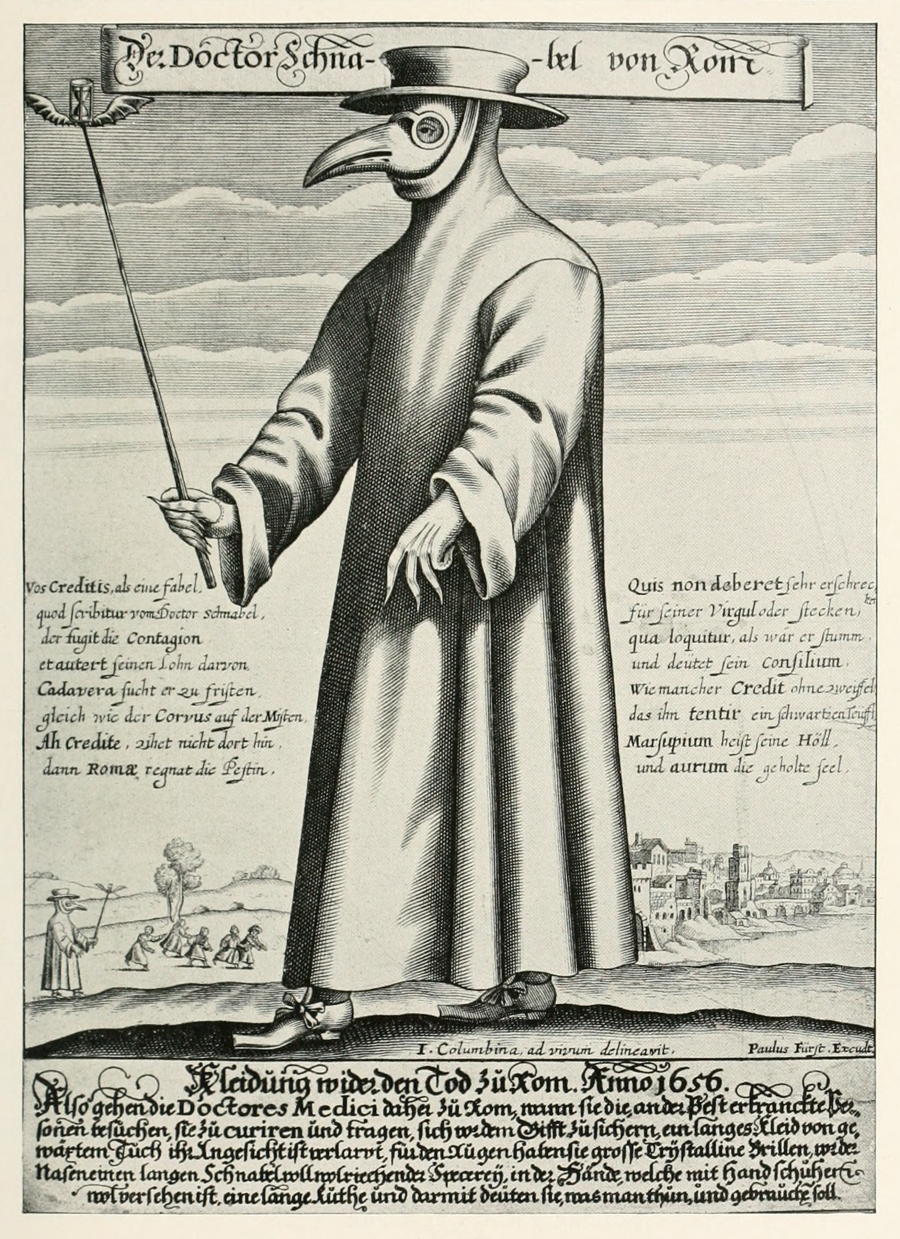 Plague Doctor: Copper engraving of Doctor Schnabel [i.e Dr. Beak], a plague doctor in seventeenth-century Rome, with a satirical macaronic poem (“Vos Creditis, als eine Fabel,/quod scribitur vom Doctor Schnabel”) in octosyllabic rhyming couplets.; engravings; plague doctors; Doctor Schnabel, Dr. Beak