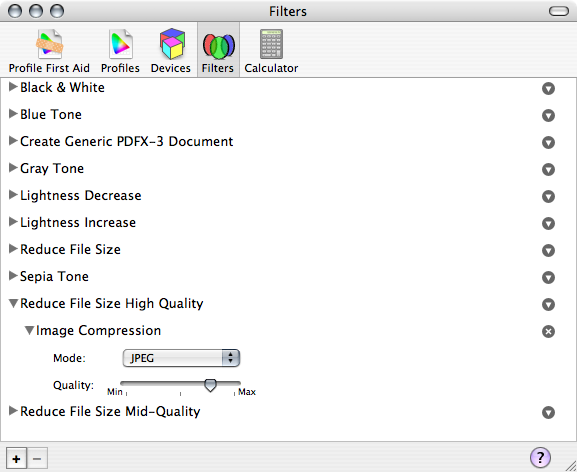 Quartz Filters in ColorSync Utility: Quartz Filters in ColorSync Utility on Quality reduced file size in Mac OS X Preview