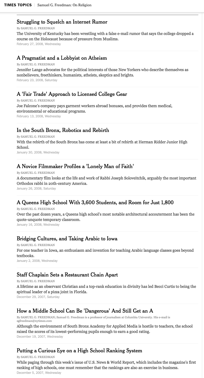 Samuel Freedman February Times: Samuel G. Freedman’s articles from the New York Times, December 5 2007 to February 27, 2008.; religion; New York Times