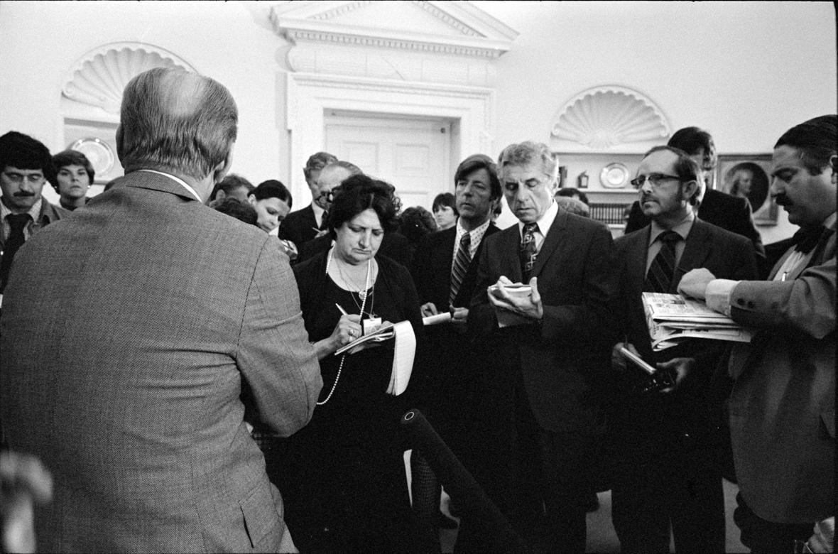 Gerald Ford and Helen Thomas: “President Gerald Ford talks with reporters, including Helen Thomas, during a press conference at the White House, Washington, D.C.” September 30, 1976.; journalism; Helen Thomas; Gerald Ford