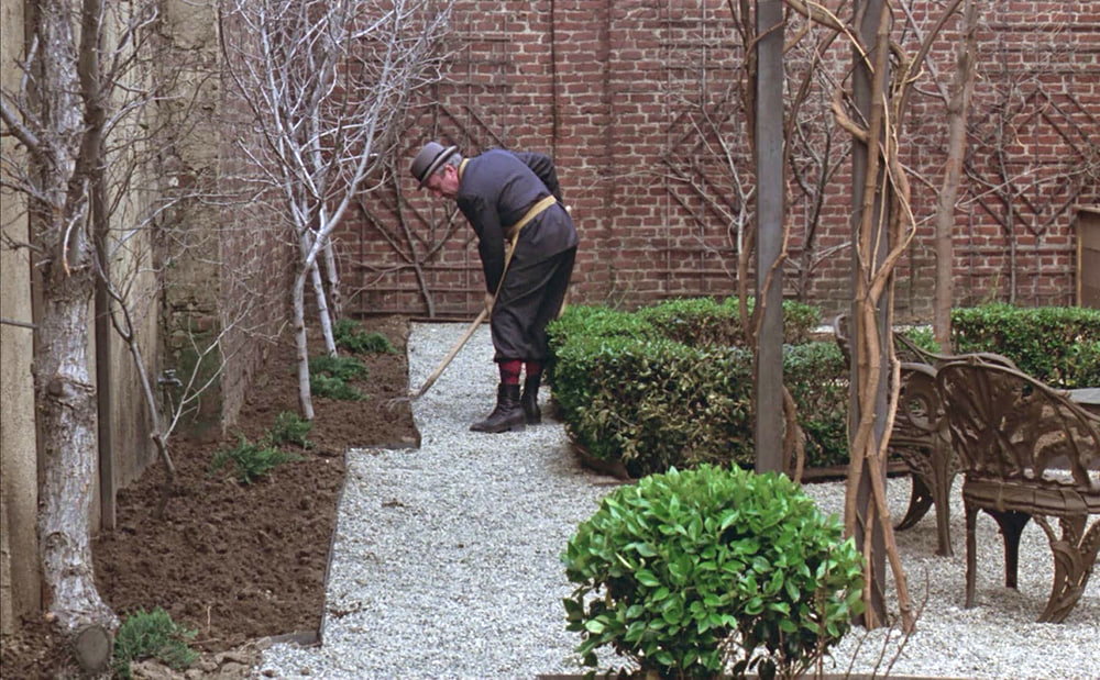 Being There: gardening: Chance the Gardener, raking in the old man’s garden.; gardening; Chauncey Gardiner; Chance the gardener, Being There