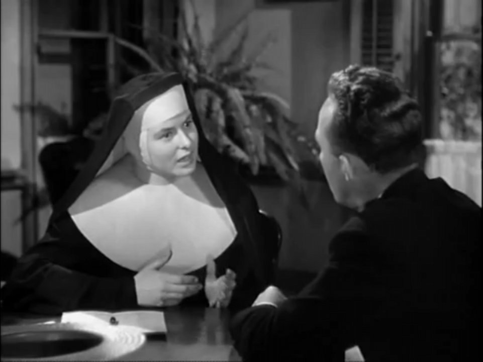 Sister Mary Benedict and Father O’Malley: Bing Crosby tries to convince Ingrid Bergman that everybody should be passed regardless of what they’ve done.; Bing Crosby