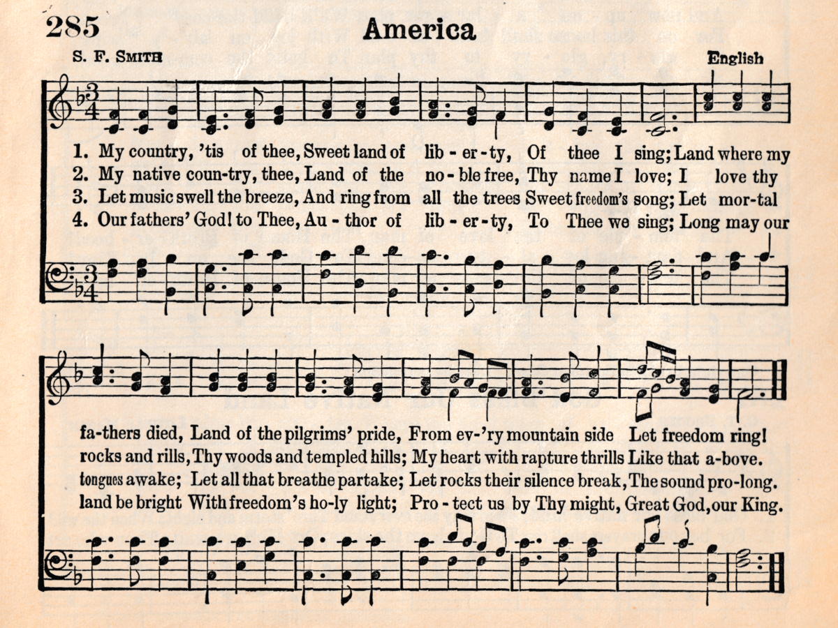 America (My Country, ’Tis of Thee): The melody and lyrics for Samual Francis Smith’s America, from Hymns of Praise Number Two.; Hymns; sheet music