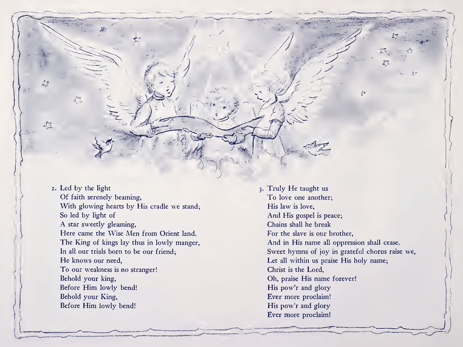 Children singing Holy Night: An illustration by Tasha Tudor for her Christmas book Take Joy!; children; Christmas music; Christmas carols