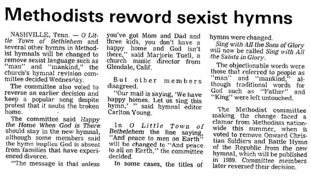 Methodists reword sexist hymns: October 3, 1986 article in the Hagerstown (Maryland) Morning Herald.; Christianity; Hymns; modern bowdlerism; Methodists