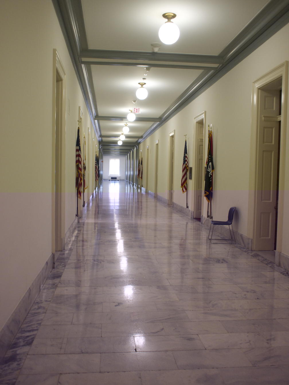 Cannon House Office Building hall: Hallway on the fourth floor of the Cannon House Office Building.; House of Representatives; Washington, DC; American flag