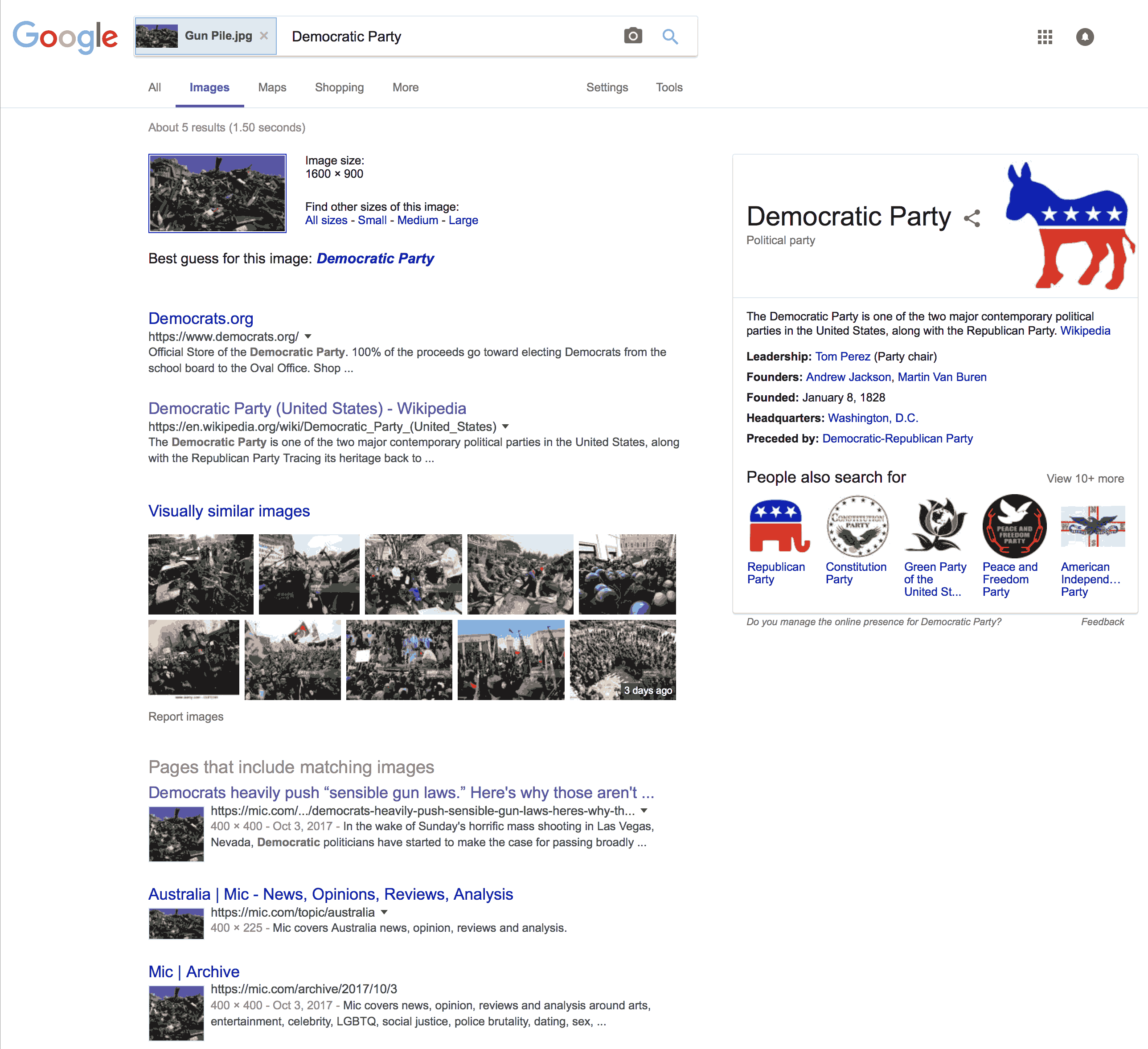 Best guess is Democrats: Looking for the source of a pile of firearms about to be destroyed, Google returned “Best guess for this image is Democratic Party.”; gun control; Google; Democrats