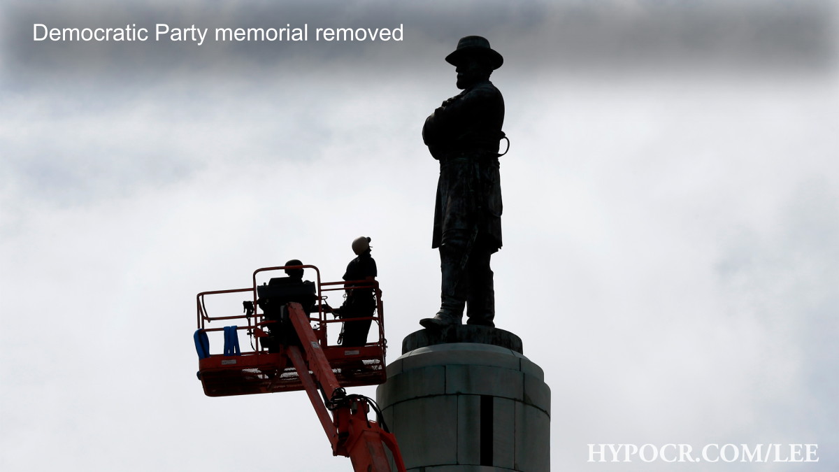 Memorial to Democrat removed: A statue of Robert E. Lee in New Orleans is removed, May 19, 2017.; satire; New Orleans; Democrats; Robert E. Lee