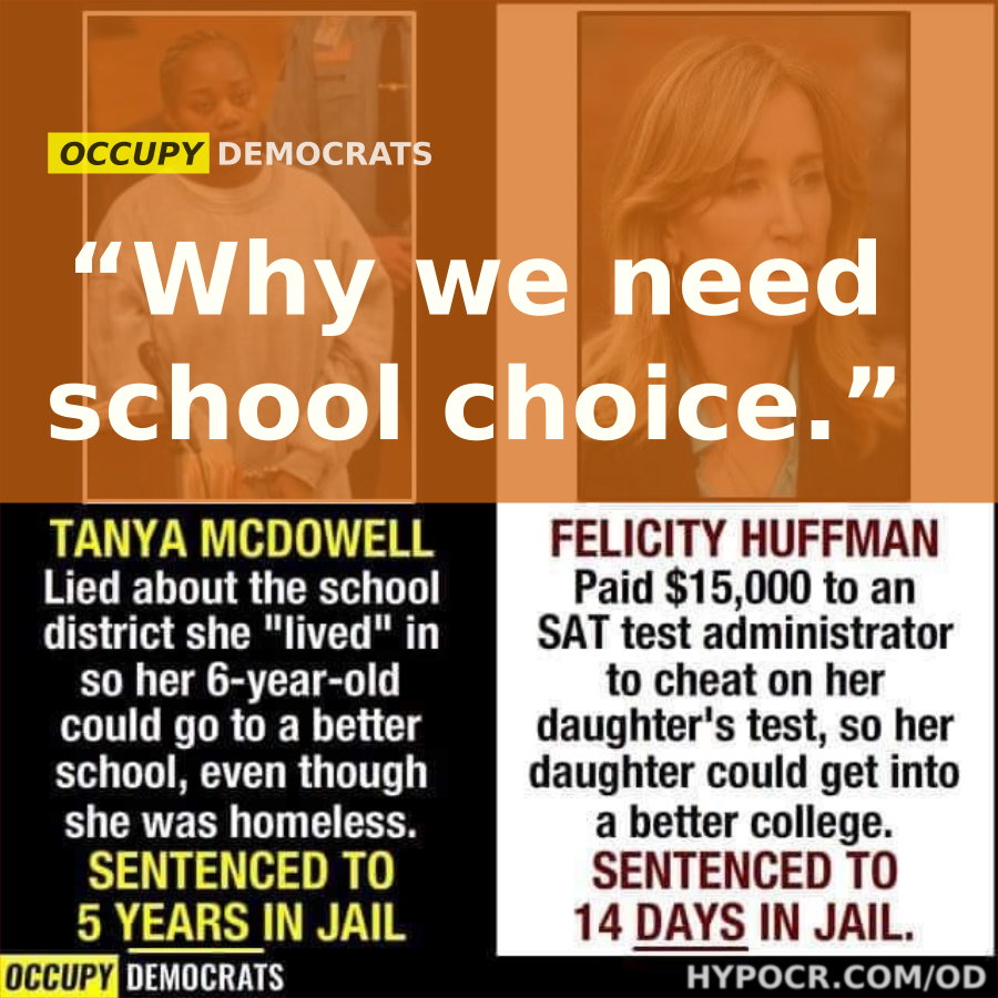 Occupy Democrats: Why We Need School Choice: “Occupy Democrats: Why we need school choice.” Tanya McDowell, Felicity Huffman.; educational diversity; school choice; Occupy Democrats