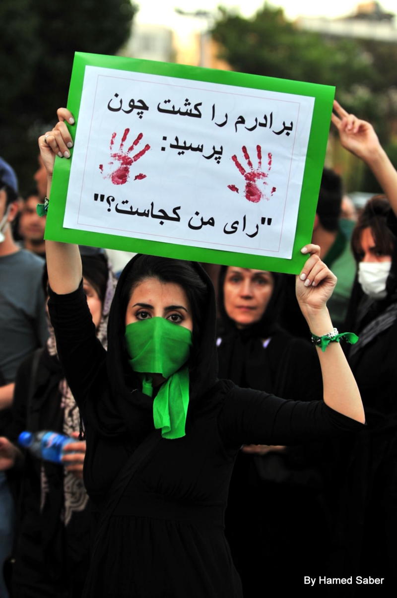 Iranian protestor: “They killed my brother because he asked, ‘where’s my vote?’” From “27e Khordad (June 17th) Haft-e Tir Square (and around streets)”; Iran; protest
