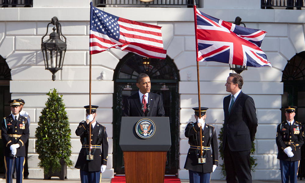 President Obama in Britain: “President Barack Obama delivers remarks during an Official Arrival Ceremony on the South Lawn of the White House honoring Prime Minister David Cameron of the United Kingdom and Mrs. Samantha Cameron, March 14, 2012.”; United Kingdom; Barack Obama; David Cameron