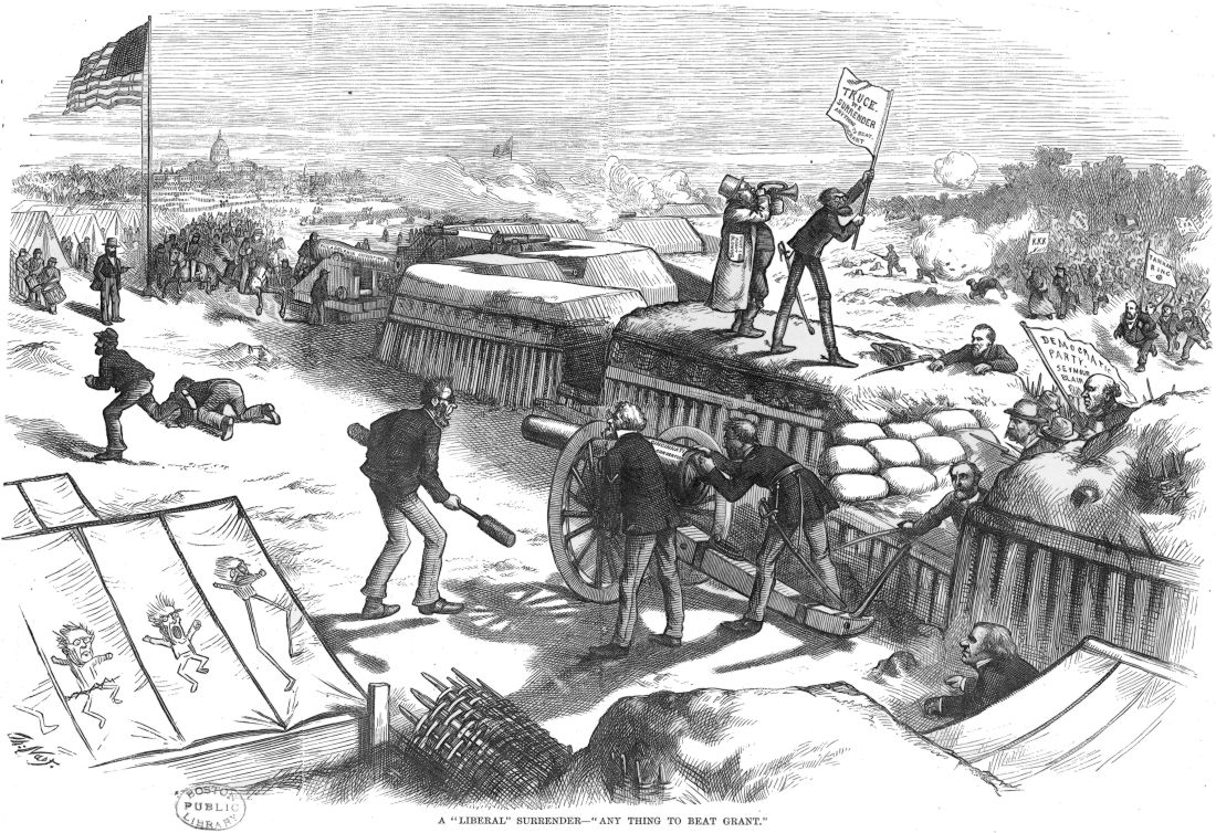 A “Liberal” Surrender—Any Thing to Beat Grant: Liberal Republicans stand on and behind a Civil-War era fortification. Some take aim at President Grant and his troops, also behind the fortification. Those standing on the battlement signal their surrender to the approaching Democrats, Ku Klux Klanners, and Tammany Hall ring.; Republicans; Democrats; Ulysses S. Grant; Tammany Hall; Ku Klux Klan; KKK