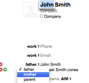 Choosing father a second time: Address Book on Mac OS X lets you choose field titles.