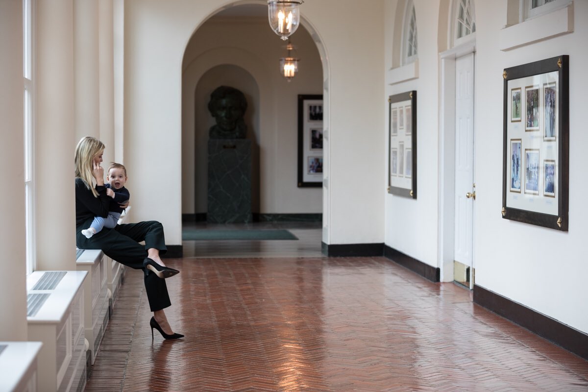 Ivanka Trump and son Theodore: Ivanka Trump and her son, Theodore James Kushner, in the White House while Ivanka takes a call.; White House; Ivanka Trump