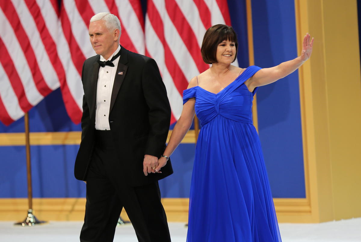 Mike and Karen Pence at Armed Services Ball: Vice President Michael R. Pence and Second Lady Karen Pence walk to center stage at the Salute to Our Armed Services Ball at the National Building Museum, Washington, D.C., Jan. 20, 2017.; Vice President Mike Pence; Armed Services Ball