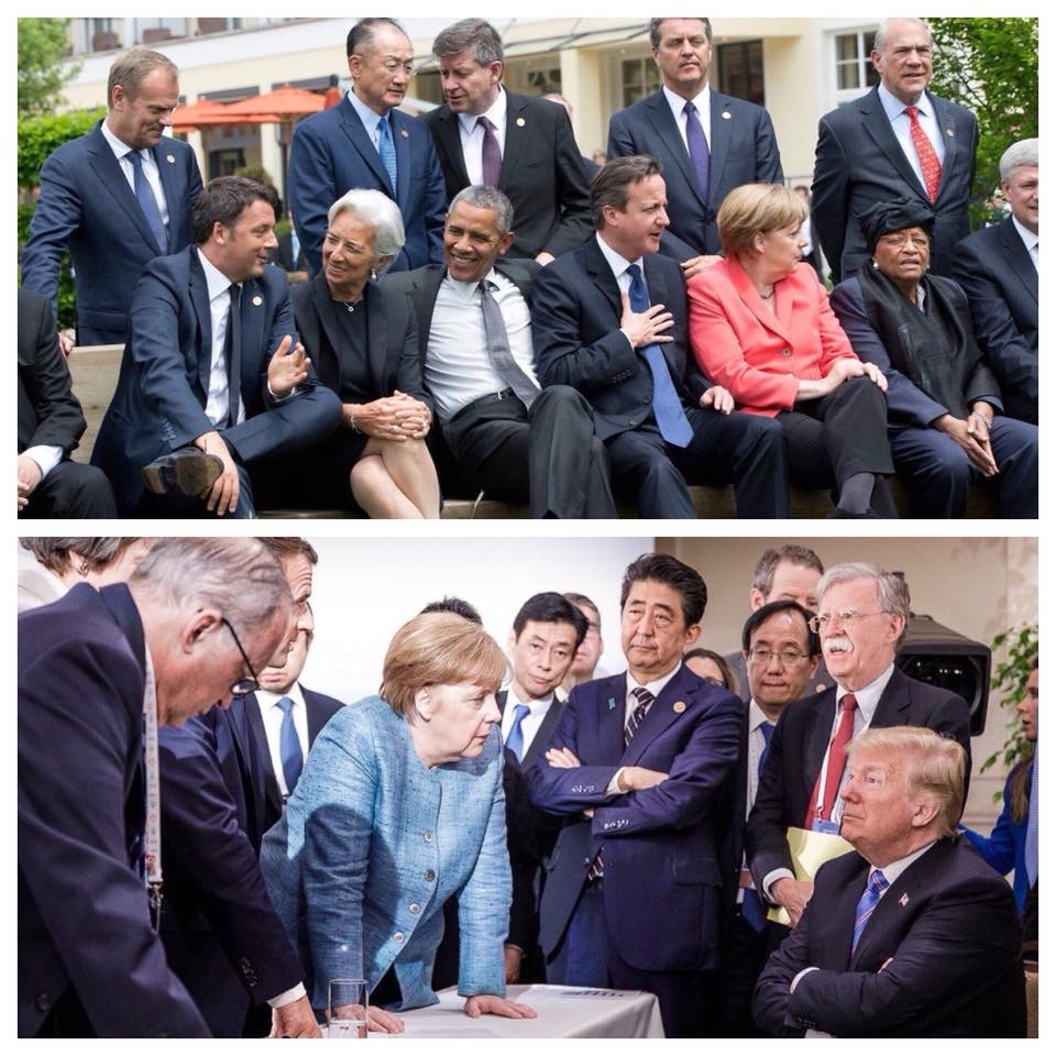 Leadership in two photos: The leadership of President Trump compared with the following from behind of President Obama.; Barack Obama; President Donald Trump; leadership