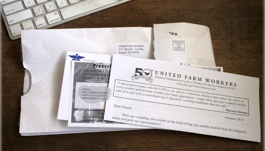 United Farm Workers barf bag: The United Farm Workers knows what the response will be to their mailings.; United Farm Workers; La Paz