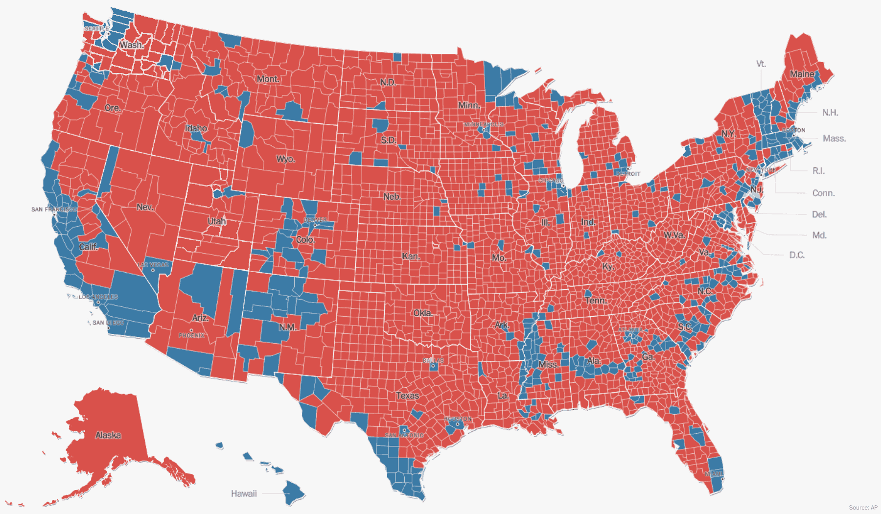 County-by-County results, 2016: Presidential election results, county-by-county, 2016. Some counties have been darkened to fix the AP’s inability to call an election a month after it was held.; presidential elections; Election 2016