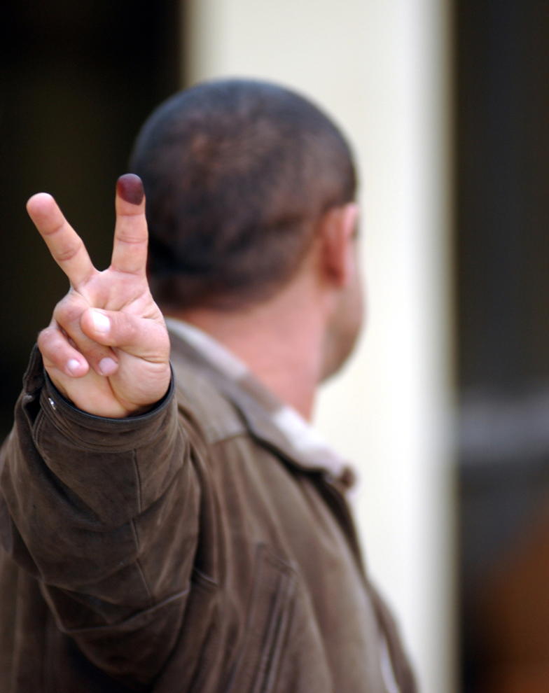 2005 Iraqi voter: “An Iraqi citizen, turning his head to protect his identity, proudly displays the indelible ink on his finger as proof he has voted in Iraq’s first free election in over 50 years on Jan. 30, 2005. Everyone voting in the historic election has to mark their finger with the ink to indicate they have already voted as a means to deter voting fraud. DoD photo by Master Sgt. Dave Ahlschwede, U.S. Air Force.”; Iraq; Voter Turnout; vote fraud; clean elections