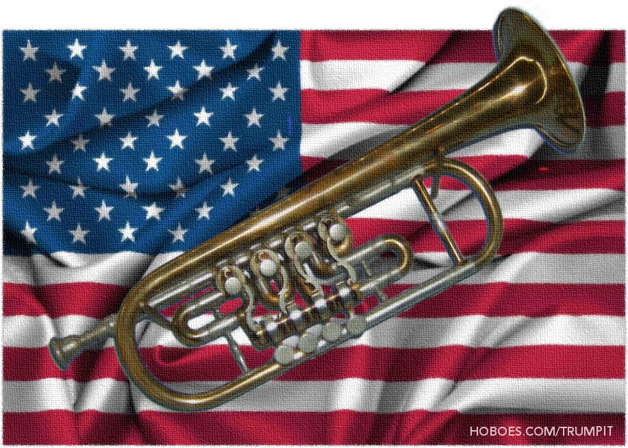 Trumpit: A trumpet over an American flag, with the link to hoboes.com/trumpit; Election 2016; President Donald Trump