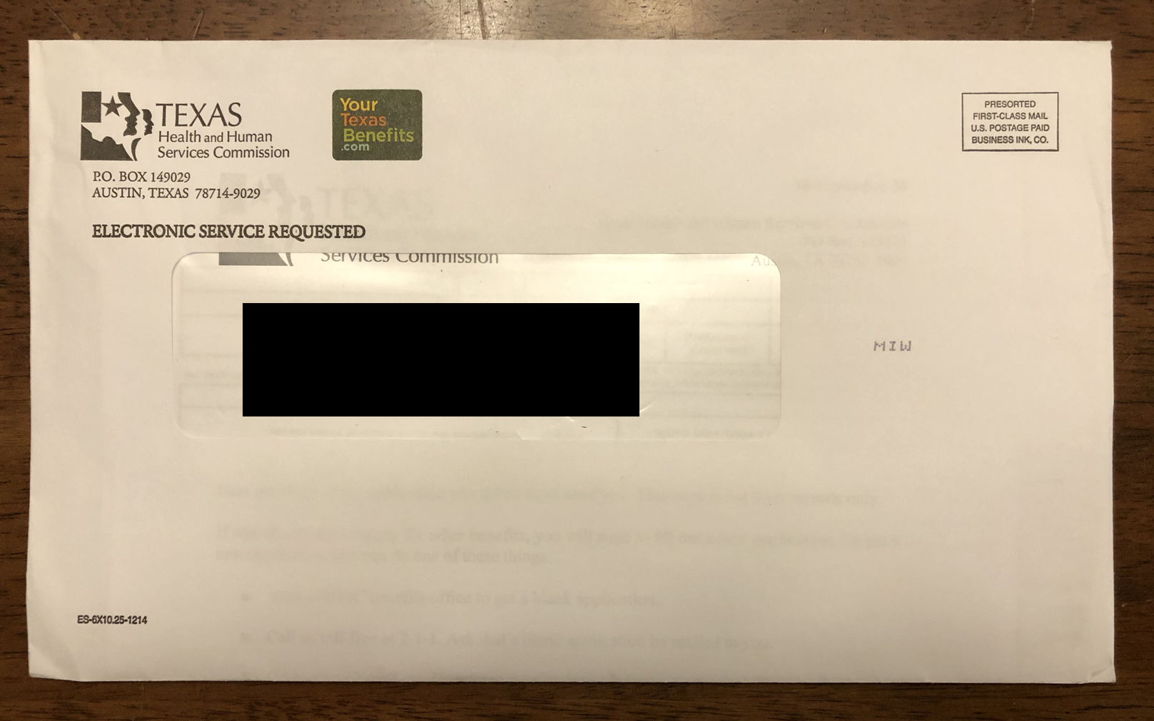 Wrongly delivered: Your Texas Benefits: Wrongly delivered mail, the day after receiving a voter registration mailing. The latter might have been spam; this was not.; United States Postal Service; USPS