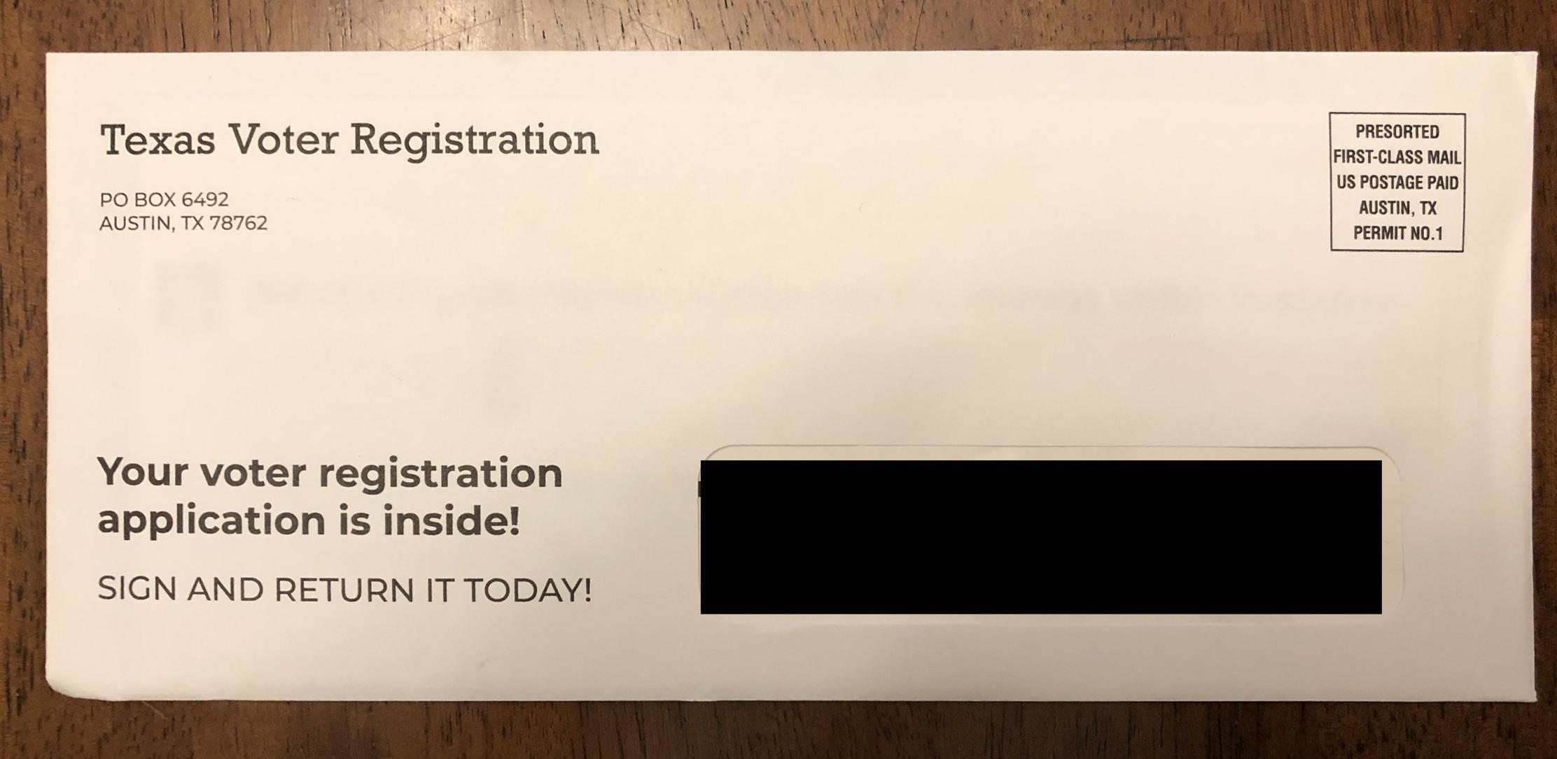 Wrongly delivered: Voter Registration: Texas Voter Registration wrongly delivered. Probably junk mail.; United States Postal Service; USPS; mail-in ballots; vote by mail