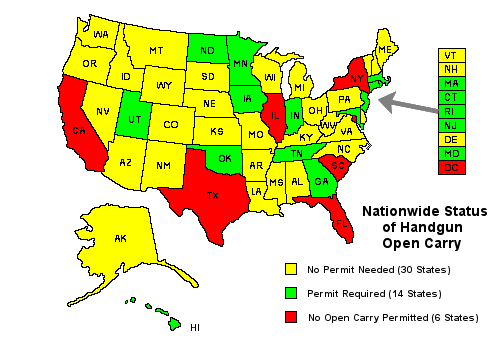 Open carry map April 2014: This map, from OpenCarry.org dated Sun, 06 Apr 2014 12:31:55 GMT, shows states that require a permit for open carry, do not require a permit for open carry, and do not permit open carry.; America; United States; 2014; open carry