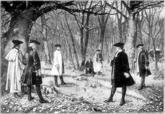 Hamilton-Burr duel: "Duel between Alexander Hamilton and Aaron Burr. After the painting by J. Mund." The duel took place in Weehawken, New Jersey on July 11, 1804.; Alexander Hamilton; Aaron Burr; duels