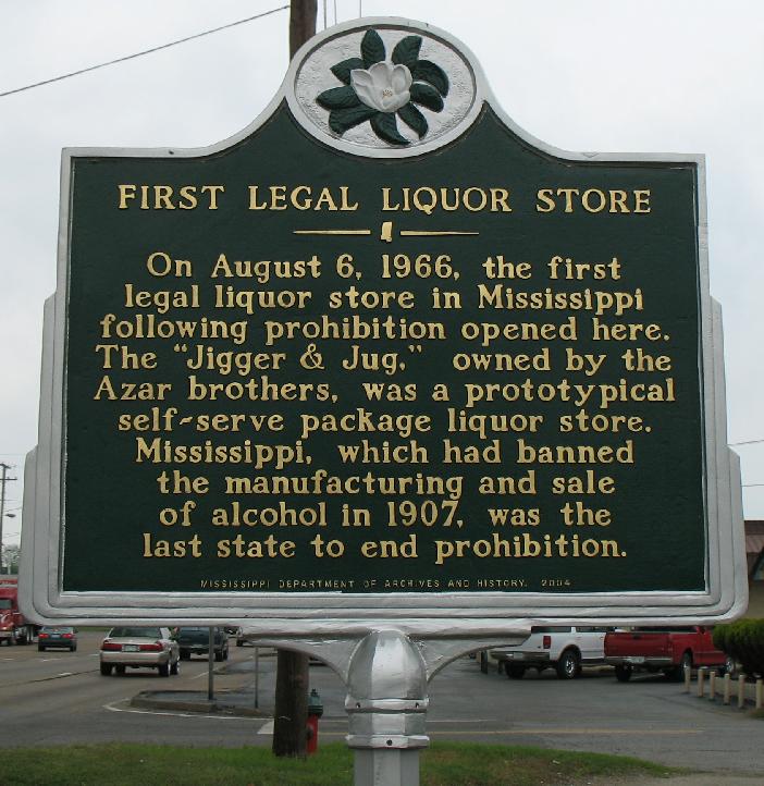End of Prohibition in Mississippi: “Greenville, Mississippi. Plaque in front of first liquor store to open after repeal of state prohibition in 1966.”; prohibition; Mississippi
